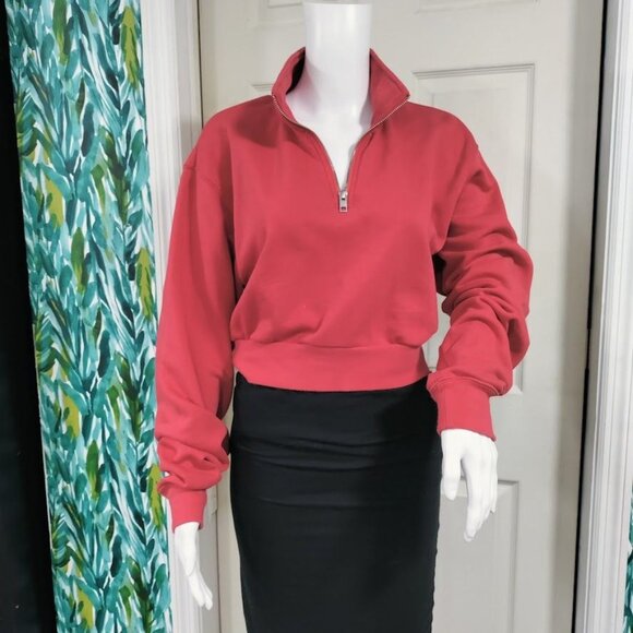 Tna Airy fFleece Perfect 1/4 Zip Mock Neck Oversized Cropped Sweatshirt Red M - Picture 2 of 12